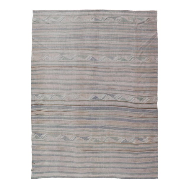 Vintage Turkish Kilim With Soft Blue, Sage, and Sand Striped Design For Sale