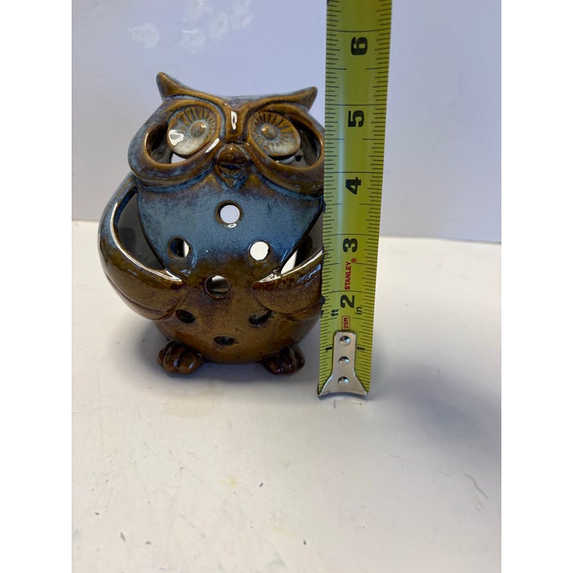 Blue Mid-Century Studio Pottery Owl Candle Holder in Mottled Blue Glaze Luminary Decor For Sale - Image 8 of 8