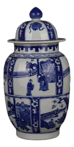 Antique Chinese Ceramic Pot Qing Dynasty Kangxi Marked Blue and White Porcelain Ginger Jar Hand Painted Figures Pattern