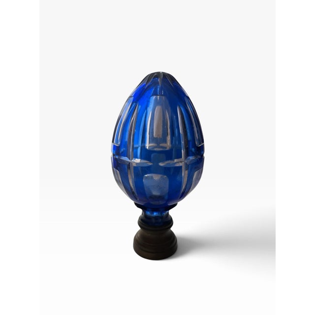 Art Deco Vintage Cobalt Blue Cut Glass Egg Finial on Metal Base For Sale - Image 3 of 7