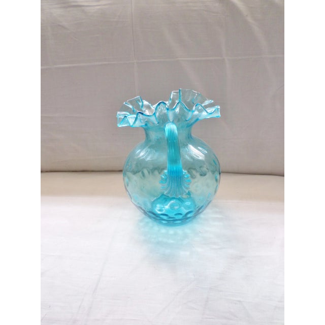 American Antique Northwood Hand Blown Blue Coin Dot Pitcher With Blue Ribbed Handle For Sale - Image 3 of 8