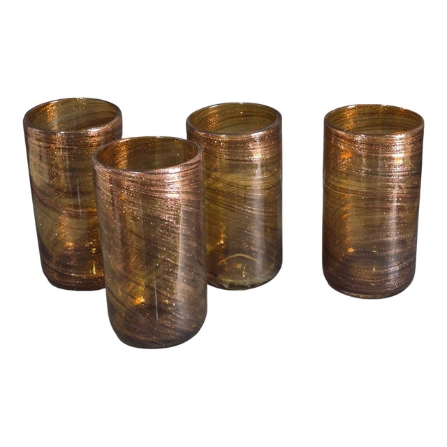 Late 20th Century Mid-Century Modern Hand Blown Art Glass Gold Dust Attributed Murano 4 Tumblers For Sale