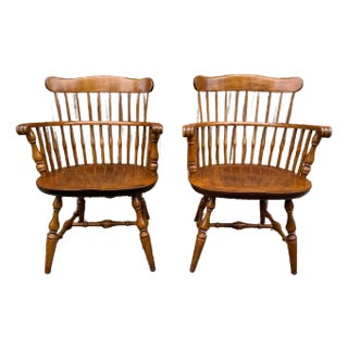 Pair of Vintage Nichols and Stone Colonial Style Solid Birch Wood Comb Back Dining Arm Chairs For Sale