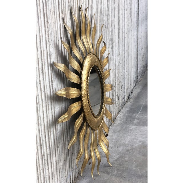 Metal Mid-Century Modern Gilt Iron Layered Leafed Flower Shaped Sunburst Mirror For Sale - Image 7 of 13