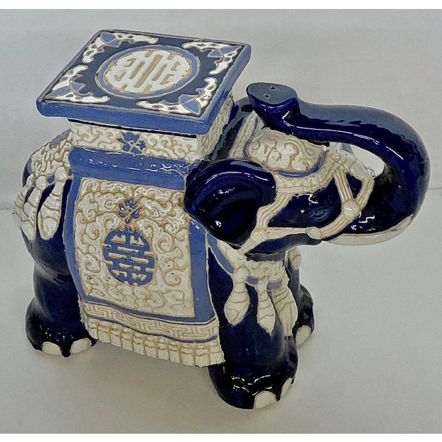 Mid Century Majolica Blue & White Elephant Garden Seat For Sale - Image 4 of 9