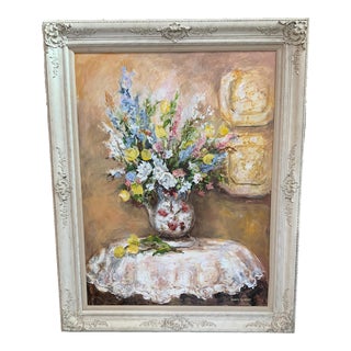 Vintage Floral Still Life Oil Painting by Rosalie Swerett in Ornate White Frame For Sale