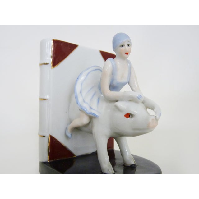 Italian Art Deco Bookends Woman on Ceramic Pig, 1930s For Sale - Image 6 of 11