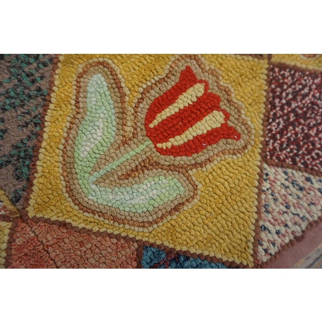 Very Pretty Multi Colored Floral Tumbling Block Pattern Set on a a Light Yellow Tan Background Vintage Signed Sg and Dated 1950 American Hooked Rug For Sale In New York - Image 6 of 15