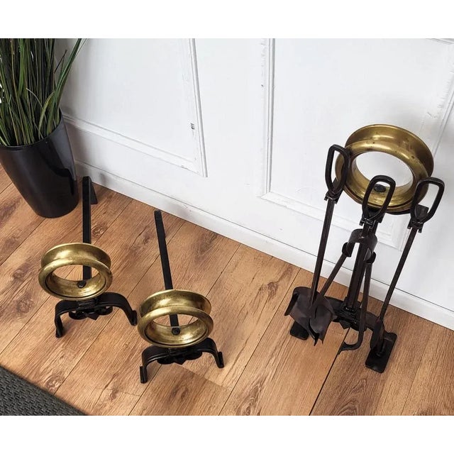 Italian Brass and Wrought Iron Andirons, 1970s, Set of 2 For Sale - Image 6 of 7