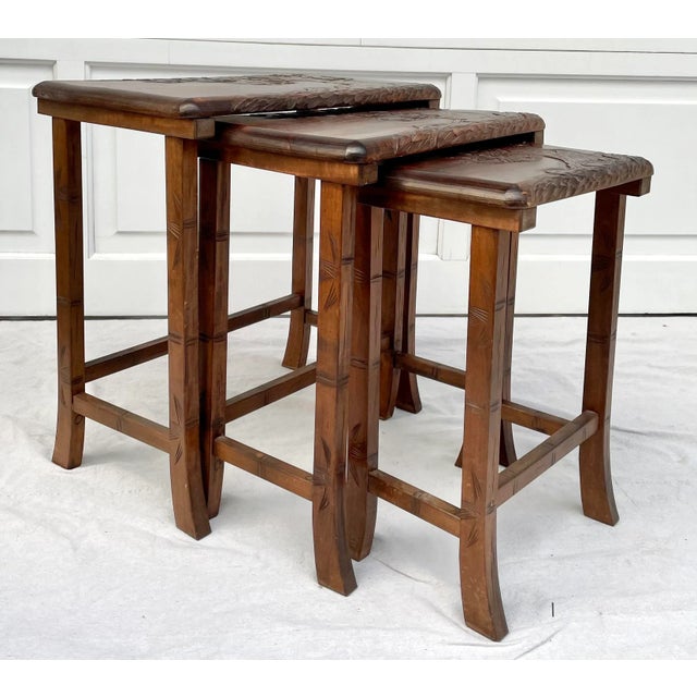 Contemporary Vintage Hand-Carved Wood Cherry Blossom Asian Nesting Tables For Sale - Image 3 of 12