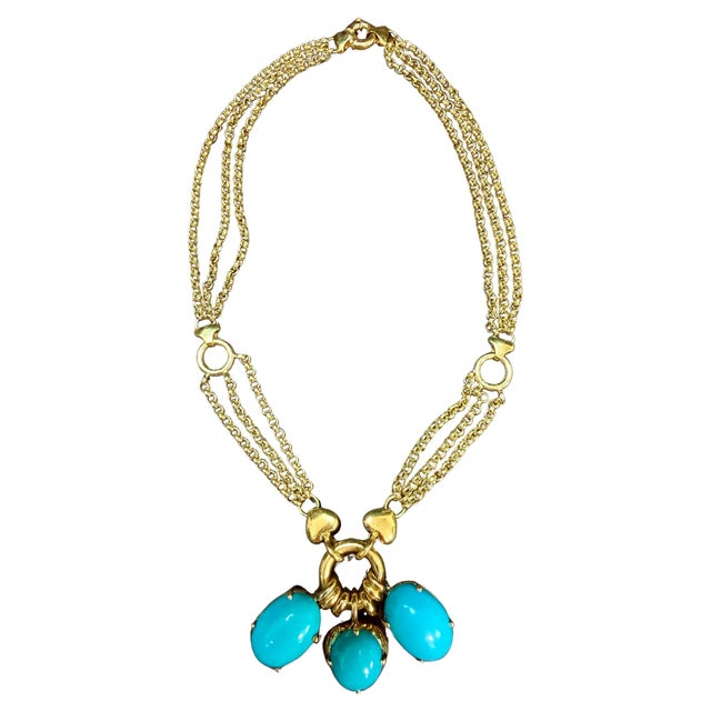 Metal 60 Ct Natural Sleeping Beauty Turquoise Necklace, Three Charm 18 Kt Gold For Sale - Image 7 of 8