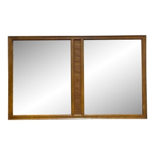 Large Vintage Mid Century Modern Mirror | Walnut Rattan Mirror C. 1960's For Sale