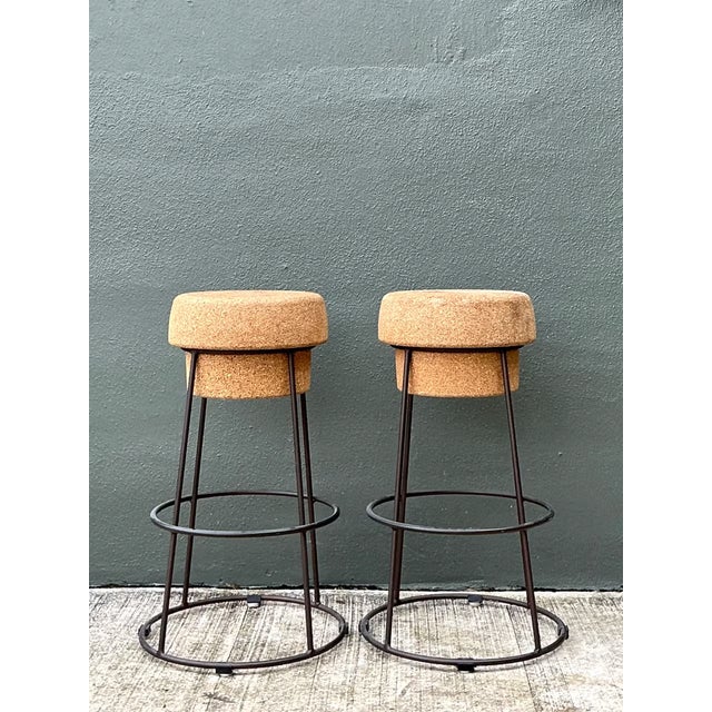 Wood Vintage Cork and Metal Bar Stools - A Pair For Sale - Image 7 of 12