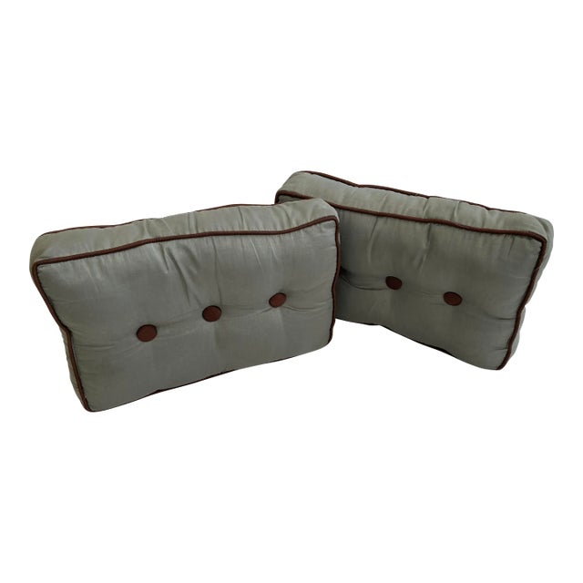 Modern Sage Green Rectangular Box Pillows With Buttons - A Pair For Sale