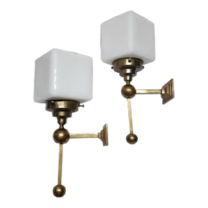 Pair Vintage Art Deco Wall Sconces in Brass & Cube Milk Glass Shade Ship Light