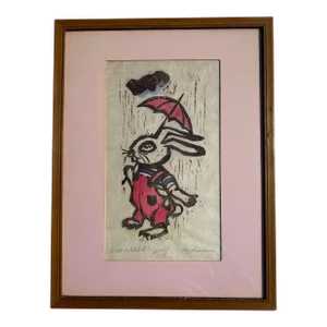 Vintage Framed Woodcut Print of Bunny Rabbit in Rain