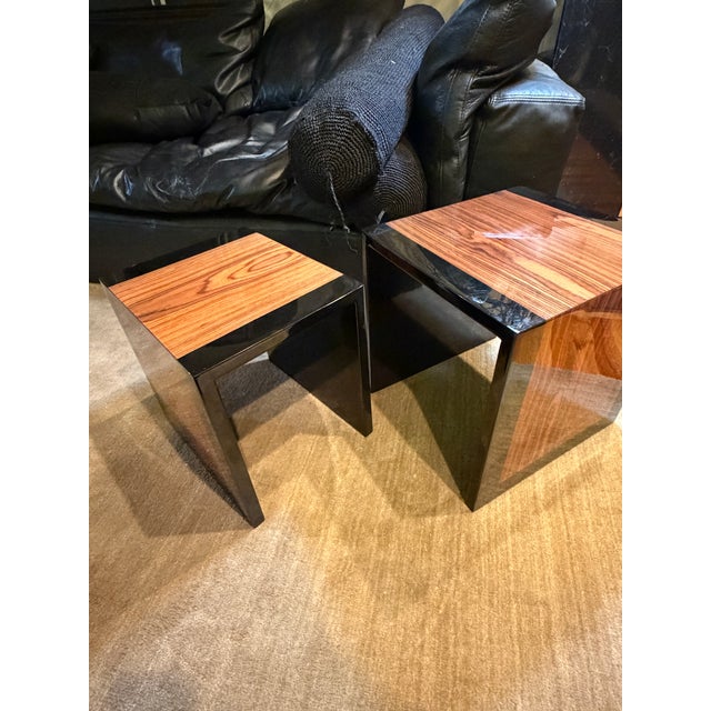Wood Mid Century Modern Stacking Table Set High Gloss and Zebrawood in the Style of Willy Rizzo. For Sale - Image 7 of 12