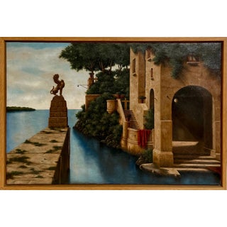 Lionel Kalish, Surrealist Oil Painting Magical Realism Lionel Kalish Italian Home Fantasy Scene, c.1980 For Sale