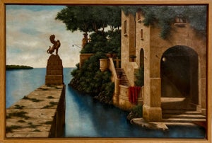 Lionel Kalish, Surrealist Oil Painting Magical Realism Lionel Kalish Italian Home Fantasy Scene, c.1980