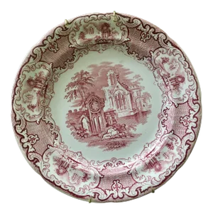 Pink, Crimson and Ivory Staffordshire Transferware Abbey 1790 Plate