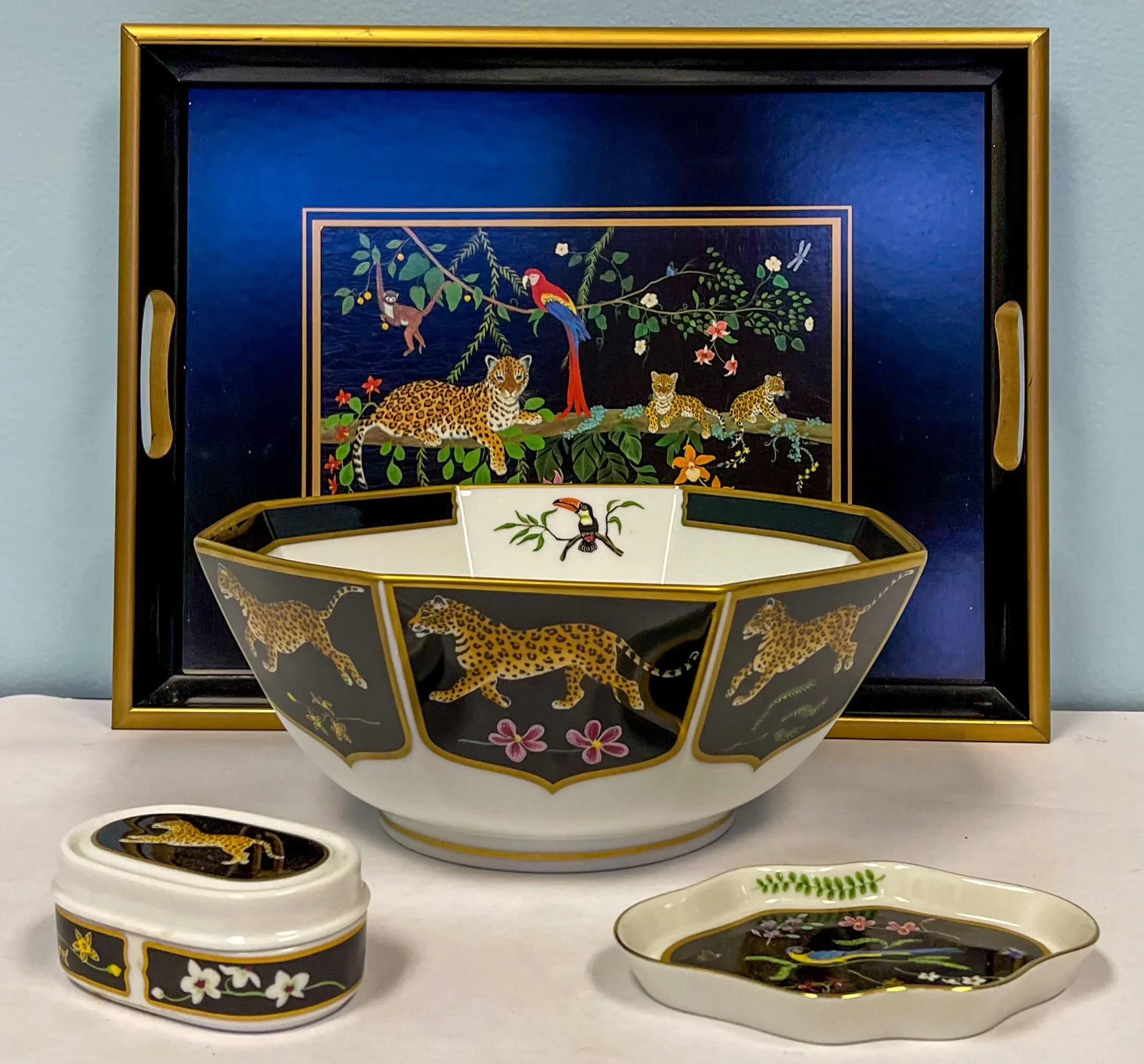 English Lynn Chase Jaguar Jungle Bowl, Tray and Ring Dishes - S/4