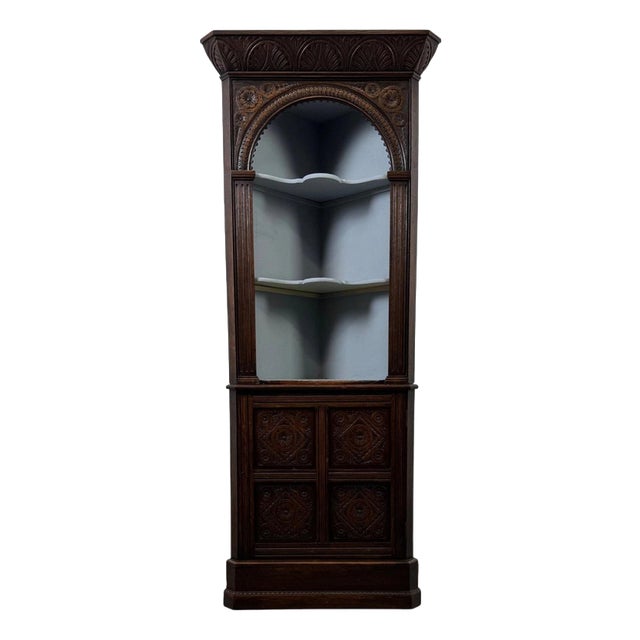 Antique English Carved Oak Corner Cabinet For Sale