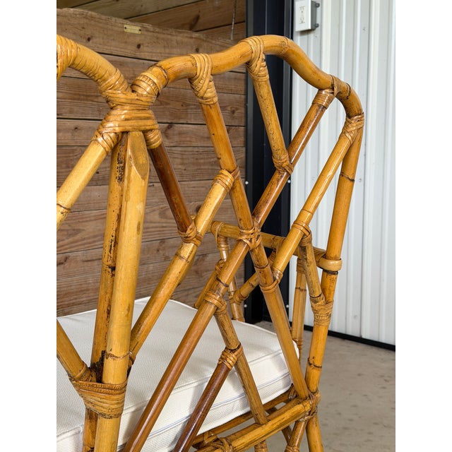 Tan Vintage Rattan Chippendale Fretwork Settee Bench With New Sunbrella Cushion For Sale - Image 8 of 12