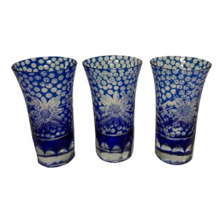 Vintage Elaborate Cut to Clear Crystal Glass Czech Cobalt Blue Shot Glasses - Set of 3 For Sale