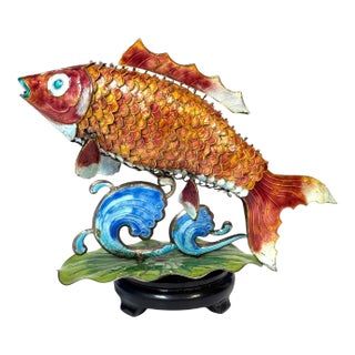 Chinese Export Silver & Enameled Articulated Carp Lotus and Wave Stand, C. 1900 For Sale