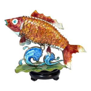 Chinese Export Silver & Enameled Articulated Carp Lotus and Wave Stand, C. 1900