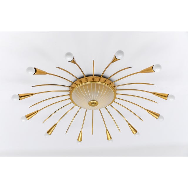 Metal Large Mid-Century Modern 12-Arm Brass and Glass Sputnik Lamp, Germany, 1950s For Sale - Image 7 of 18