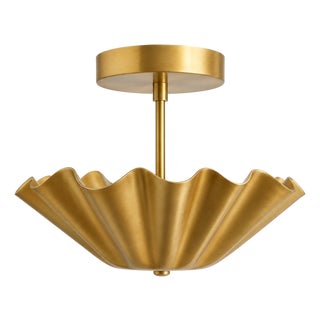Scalloped Brass Flush Mount Ceiling Light, Mid Century Modern Brass Ceiling Fixture, Flower Shade Semi Flush Light for Bedroom Hallway Foyer For Sale