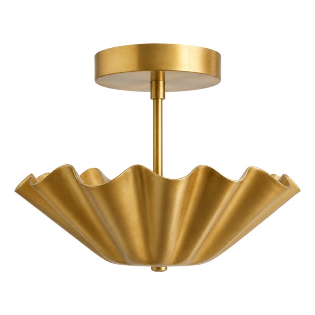 Scalloped Brass Flush Mount Ceiling Light, Mid Century Modern Brass Ceiling Fixture, Flower Shade Semi Flush Light for Bedroom Hallway Foyer For Sale