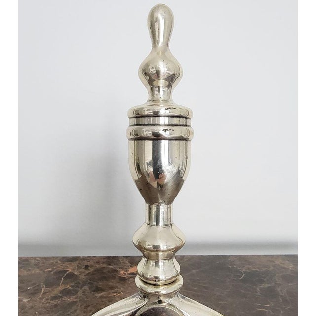 Italian Pair of Brass Fireplace Andiron Set in Silver Antique Finish For Sale - Image 3 of 7