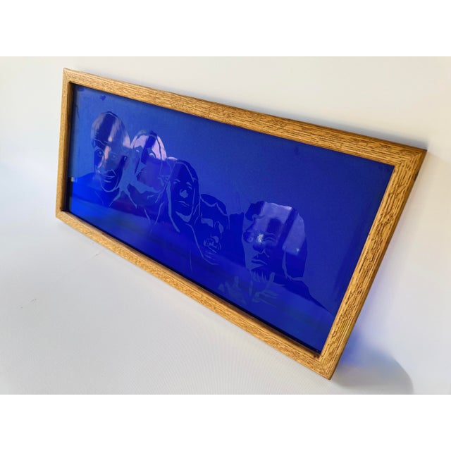 American Vintage Cobalt Blue Etched Glass Panel in Solid Oak Frame For Sale - Image 3 of 7