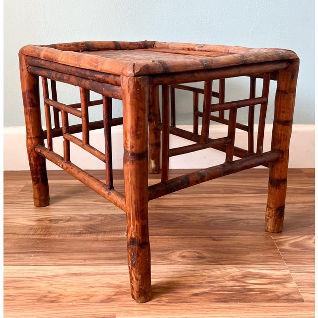 Chinoiserie 20th C. Asian Bamboo Side Table With Geometric Fretwork – Chinoiserie / British Colonial For Sale - Image 3 of 11