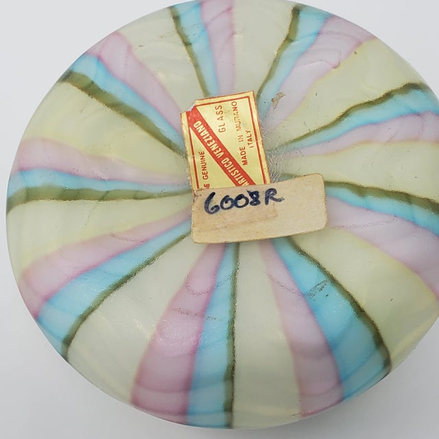 Vintage Pastel Colors Hand-Blown Murano Art Glass Flattened Orb Paper Weight, Italian For Sale - Image 4 of 5