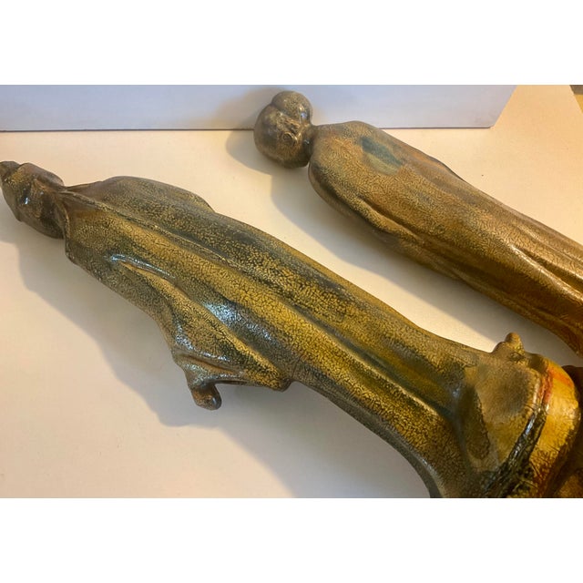 Ceramic Pair of Vintage/Antique Ceramic Asian Scholar Figures on Pedestal Bases Set of 2 For Sale - Image 7 of 18