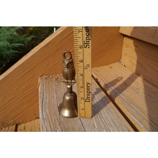 Late 20th Century VTG Patina Heavy Solid Brass School Bell W Embossed Figural Owl Shape Handle For Sale - Image 5 of 10