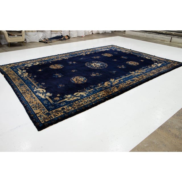 Chinese 10 X 15 Antique Handmade Traditional Peking Chinese Wool Rug in Blue For Sale - Image 3 of 14