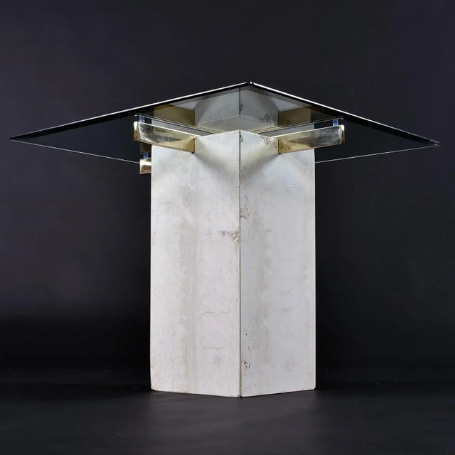Postmodern Travertine Stone and Brass Pedestal Side Table With Square Glass For Sale - Image 3 of 10