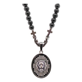 Black Onyx and Silver Lion Men's Beaded Necklace For Sale