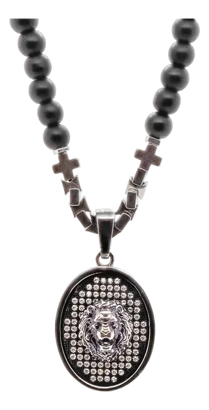 Black Onyx and Silver Lion Men's Beaded Necklace