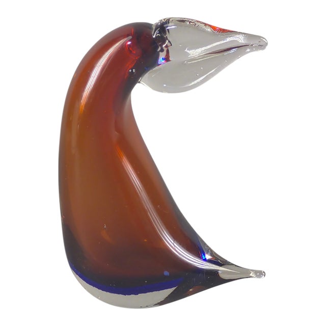 Italian Hand-Blown Art Glass Amber Figurine of a Toucan Bird For Sale