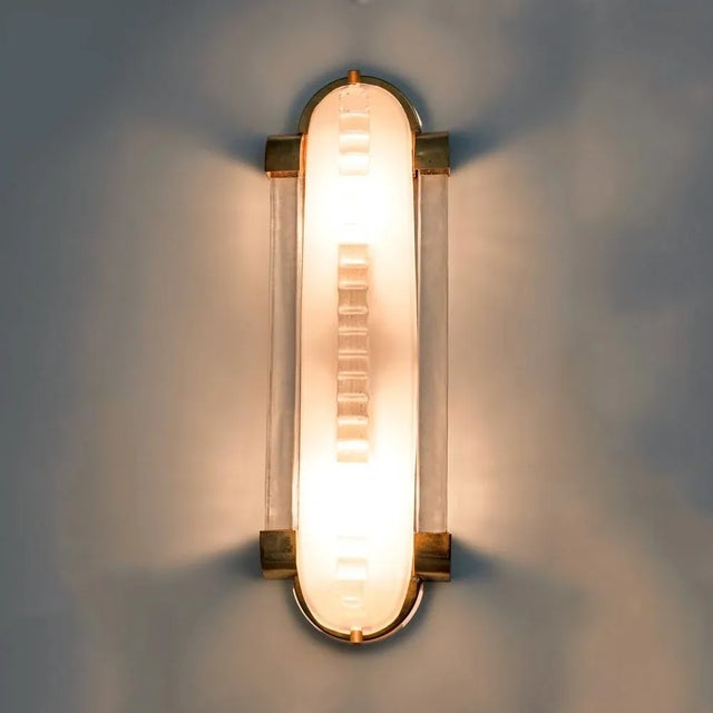 Art Deco Style Brass and Frosted Murano Glass Sconces, 1980, Set of 2 For Sale - Image 3 of 7