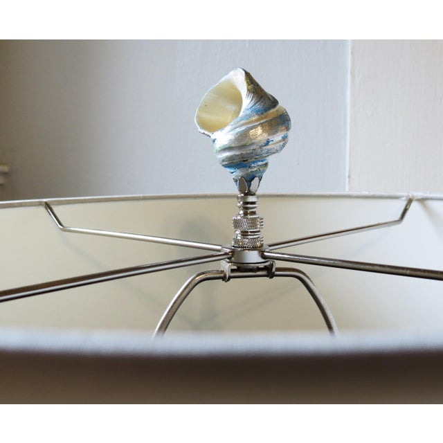 Fiji Shell Lamp Finials, Pearl Finish Blue and Silver Leaf Swirls, Coastal Decor, Pair For Sale - Image 4 of 5