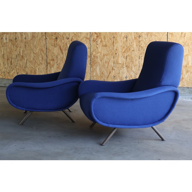 Metal Pair of Early 1st Edition Lady Chairs by Marco Zanuso for Arflex in Raf Simmons Fabric, Italy, 1950s For Sale - Image 7 of 13