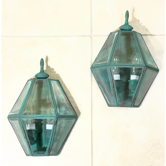 Pair of Vintage Solid Brass Verdigris Hexagonal Wall Sconces For Sale - Image 16 of 16