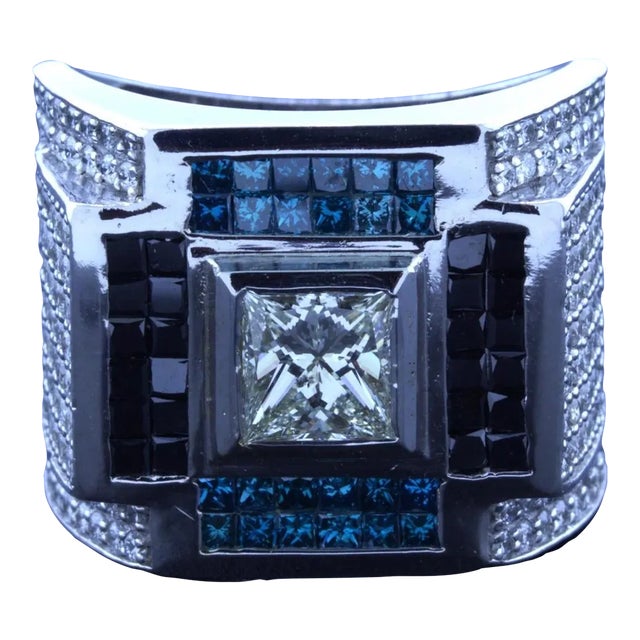 Gentleman’s White Blue Black Diamond 14k White Gold Ring, Size 11.5 For Sale