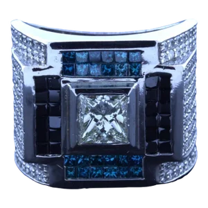 Gentleman’s White Blue Black Diamond 14k White Gold Ring, Size 11.5